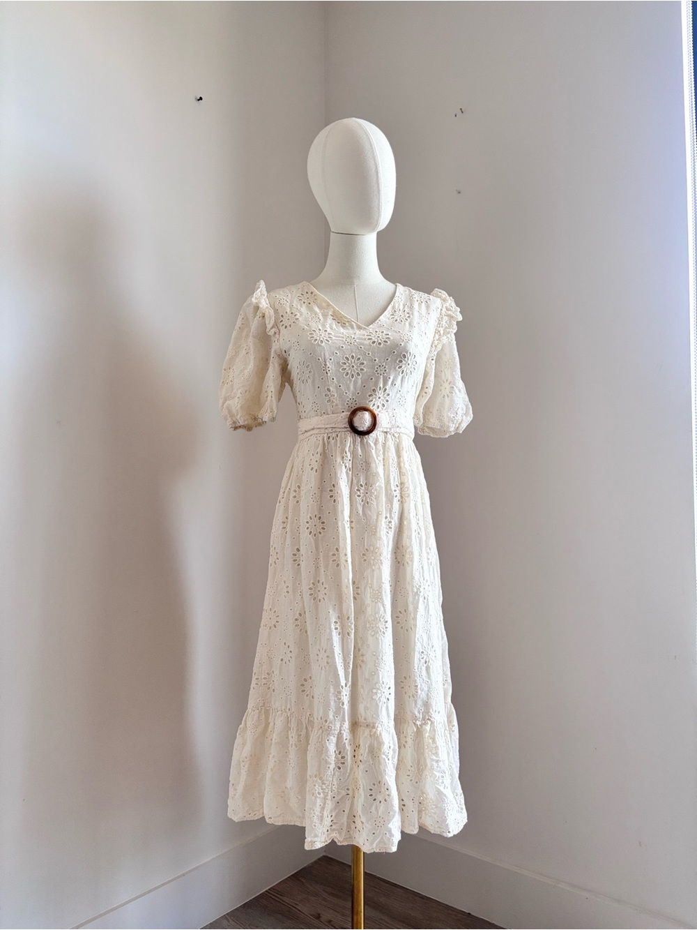 Cream Eyelet Midi Dress with Belted Waist - Picture 2 of 7